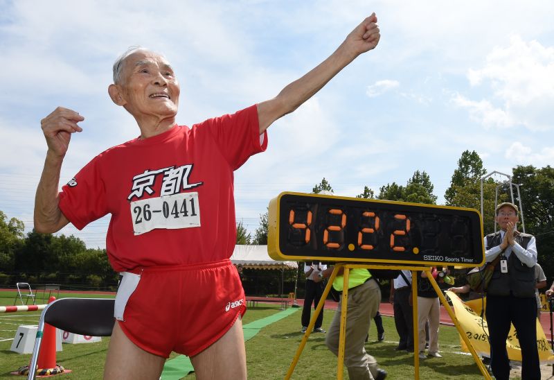 Guinness World Records holder Hidekichi Miyazaki, 105, strikes the Usain Bolt pose. u00e2u20acu201d AFP pic