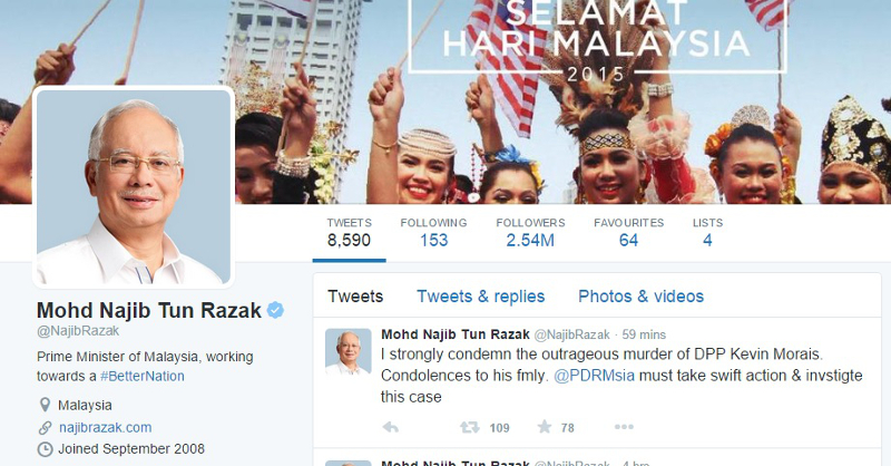 Prime Minister Datuk Seri Najib Razak tweeted a message condemning the murder of deputy public prosecutor Kevin Morais, seen in this screenshot taken from his Twitter account.