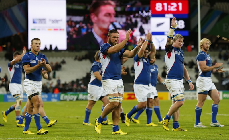 Namibia players applaud fans at the end of the New Zealand v Namibia IRB Rugby World Cup 2015 Pool C game at Olympic Stadium, London, England.u00c2u00a0u00e2u20acu201d Reuters pic