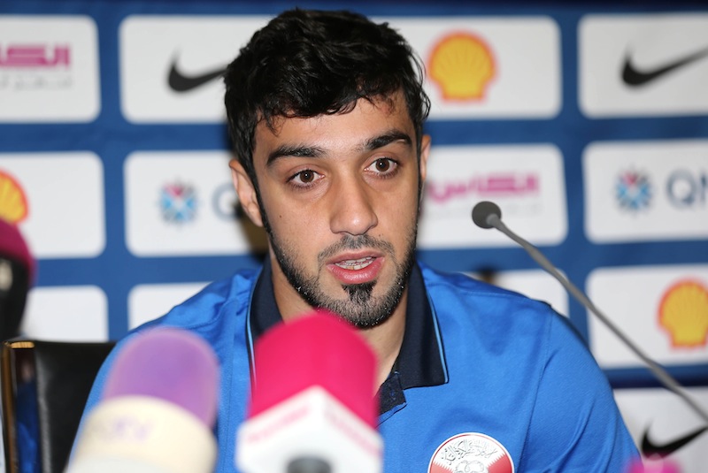 Qatar's player Khalid Muftah speaks during a press conference in the Qatari capital Doha, on September 2, 2015, a day ahead of a match against Bhutan for the Asia Cup 2019 and 2018 World Cup qualifying matches. u00e2u20acu201d AFP pic