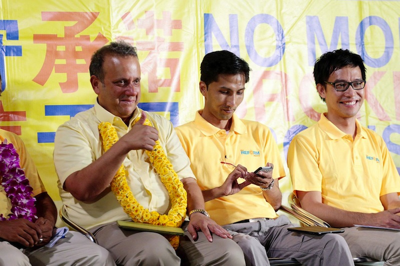 (From left) Kenneth Jeyaretnam with fellow Reform Party candidates Osman Sulaiman and Roy Ngerng at a rally yesterday. u00e2u20acu201d TODAY pic