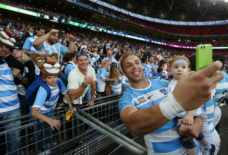 Argentina's Leonardo Senatore takes a selfie with fans at the end of the match between New Zealand v Argentina IRB Rugby World Cup 2015 Pool C at Wembley Stadium, London, England. u00e2u20acu201d Reuters pic