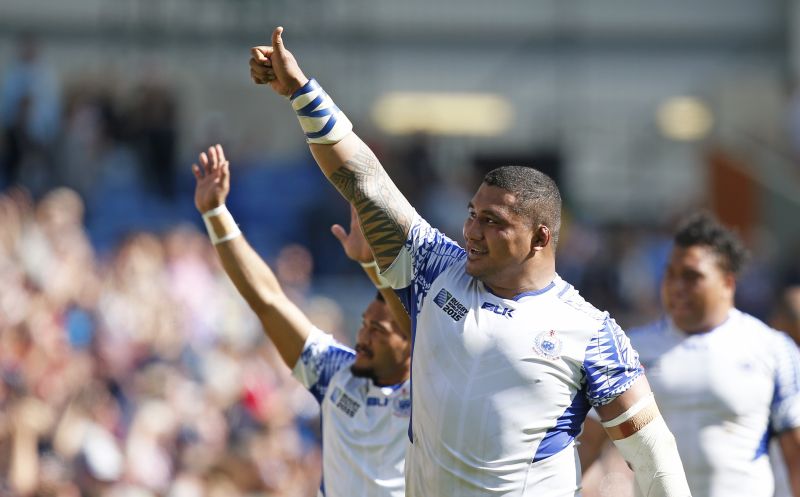 Samoa v US - IRB Rugby World Cup 2015 Pool B - Brighton Community Stadium, Brighton, England - 20/9/15 Samoau00e2u20acu2122s Sakaria Taulafo (C) celebrates their victory Action Images via Reuters / Peter Cziborra Livepic
