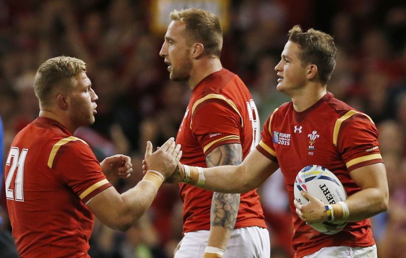 Wales v Uruguay - IRB Rugby World Cup 2015 Pool A - Millennium Stadium, Cardiff, Wales - 20/9/15 Walesu00e2u20acu2122 Hallam Amos (R) celebrates scoring their fifth try with Ross Moriarty (L) Action Images via Reuters / Andrew Boyers Livepic