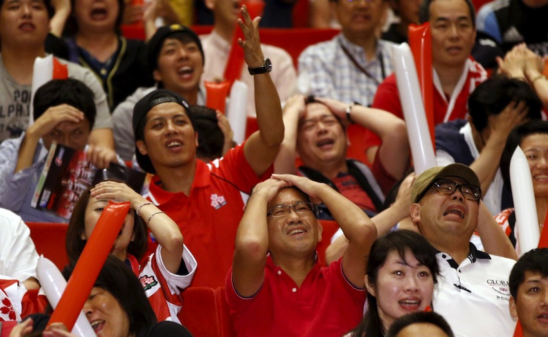Japan rugby fans react as they watch Japan's IRB Rugby World Cup 2015 Pool B match against Scotland in Gloucester, England, at a public viewing event in Tokyo, Japan, early September 24, 2015. u00e2u20acu201d Reuters pic