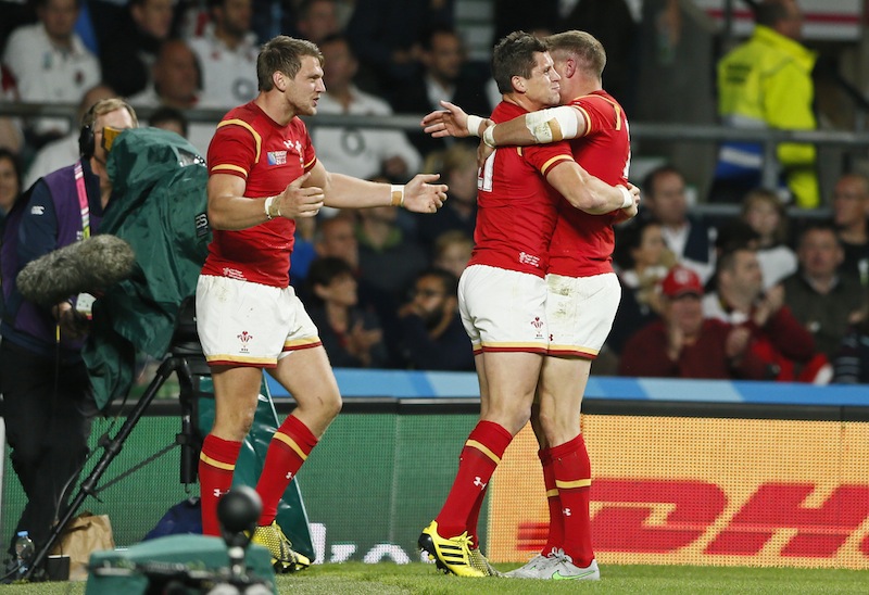 Dan Biggar, Lloyd Williams and Rhys Priestland of Wales celebrate victory during the England v Wales IRB Rugby World Cup 2015 Pool A game at Twickenham Stadium, London, England.u00c2u00a0u00e2u20acu201d Reuters pic