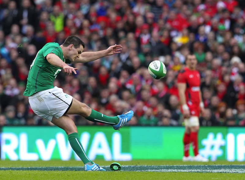Ireland fly-half Jonny Sexton kicks a penalty during the Six Nations international rugby union match between Ireland and Wales at the Aviva Stadium in Dublin on February 8, 2014. u00e2u20acu201d AFP pic
