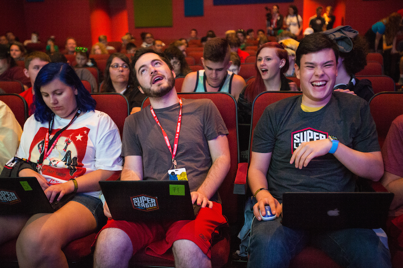 Jordan Maron, centre, who as CaptainSparklez has some 18 million subscribers on YouTube, competes with others during a Super League Gaming event at a theatre in Seattle August 29, 2015. — Picture by Ruth Fremson/The New York Times