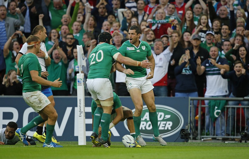 Ireland's Rob Kearney celebrates scoring their fifth try during the Ireland v Romania IRB Rugby World Cup 2015 Pool D game at Wembley Stadium, London, England. u00e2u20acu201d Reuters pic