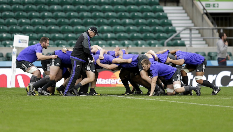 New Zealand forwards practice a scrum during a training session at Twickenham Stadium. u00e2u20acu201d Reuters pic