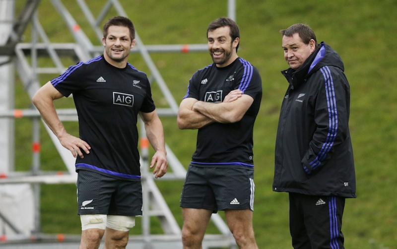New Zealand head coach Steve Hansen, Richie McCaw and Conrad Smith during training at Pennyhill Park, Bagshot, Surrey. u00e2u20acu201d Reuters pic