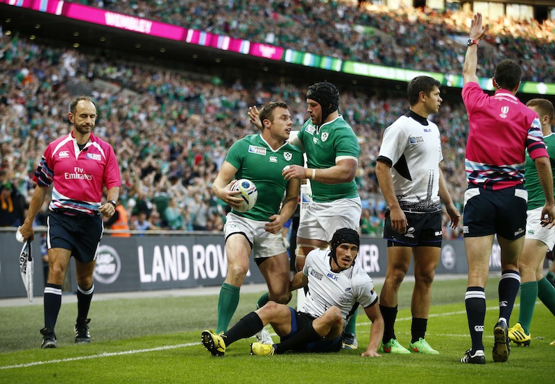 Ireland's Tommy Bowe celebrates scoring their fifth try with Sean O'Brien during the Ireland v Romania IRB Rugby World Cup 2015 Pool D game at Wembley Stadium, London. u00e2u20acu201d Reuters pic