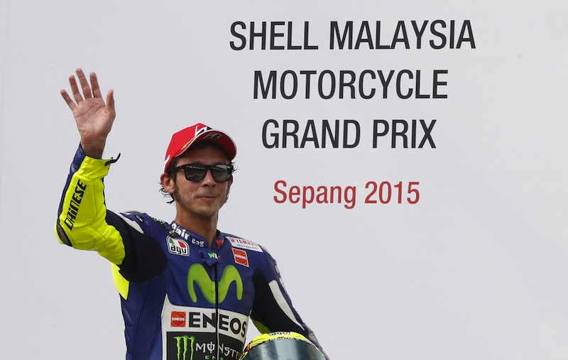 Yamaha MotoGP rider Valentino Rossi of Italy waves after placing third in the Malaysian Motorcycle Grand Prix at Sepang International Circuit near Kuala Lumpur, Malaysia, October 25, 2015. u00e2u20acu201d Reuters pic