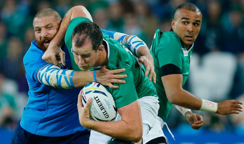 Italy's Matias Aguero (right) in action with Ireland's Devin Toner in a Rugby World Cup match in London, October 4, 2015. u00e2u20acu201d Reuters pic