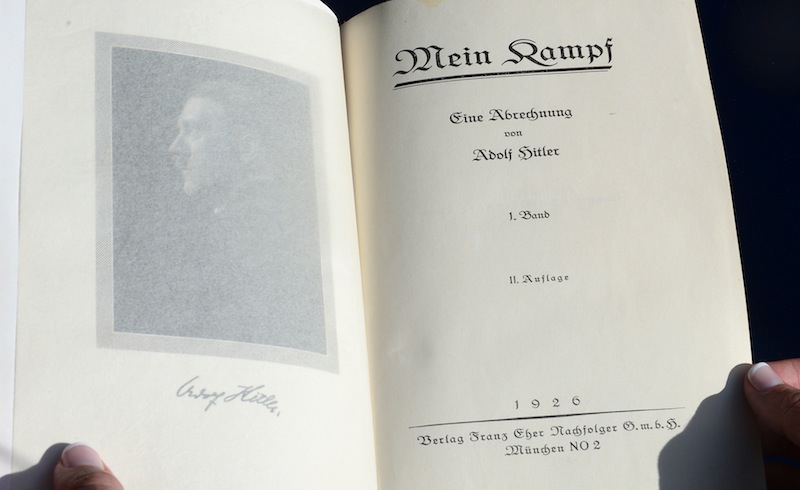 One of two rare copies of 'Mein Kampf' signed by the young Nazi leader Adolf Hitler and due for auction, photographed in Los Angeles, California on February 25, 2014. u00e2u20acu201d AFP pic
