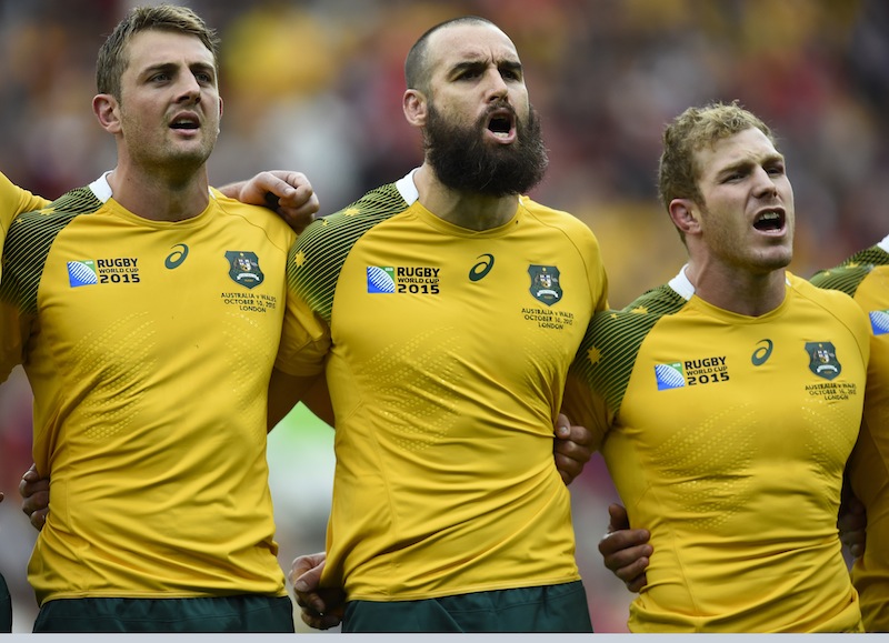 Australia's Scott Fardy (centre), Dean Mumm (left) and David Pocock during the national anthem during the Australia v Wales IRB Rugby World Cup 2015 Pool A game at Twickenham Stadium, London, England. u00e2u20acu201du00c2u00a0Reuters pic