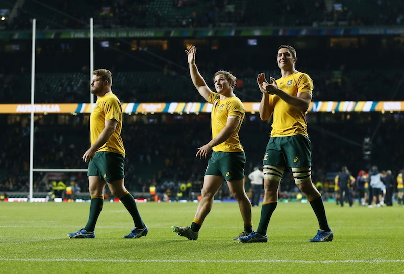 Australia's Michael Hooper (centre) celebrates at the end of the Argentina v Australia IRB Rugby World Cup 2015 Semi Final game at Twickenham Stadium, London, England.u00c2u00a0u00e2u20acu201d Reuters pic