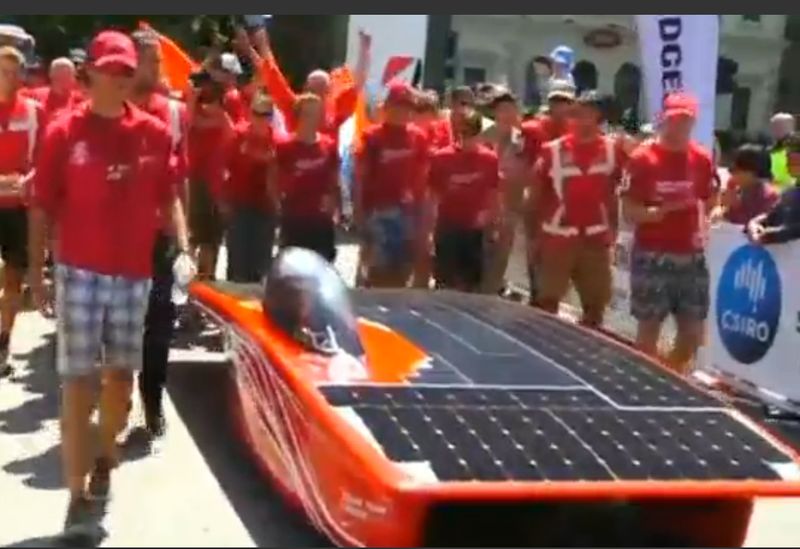 The Dutch wu00e2u20acu0152inning team with their car Nuna 8 after winning the World Solar Challenge from the Reuters video.