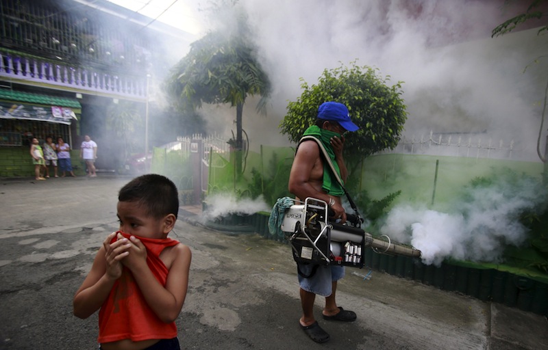 A boy covers his nose while a worker fumigates outside a residential area in Paranaque city, metro Manila September 26, 2015.u00c2u00a0u00e2u20acu201d Reuters pic
