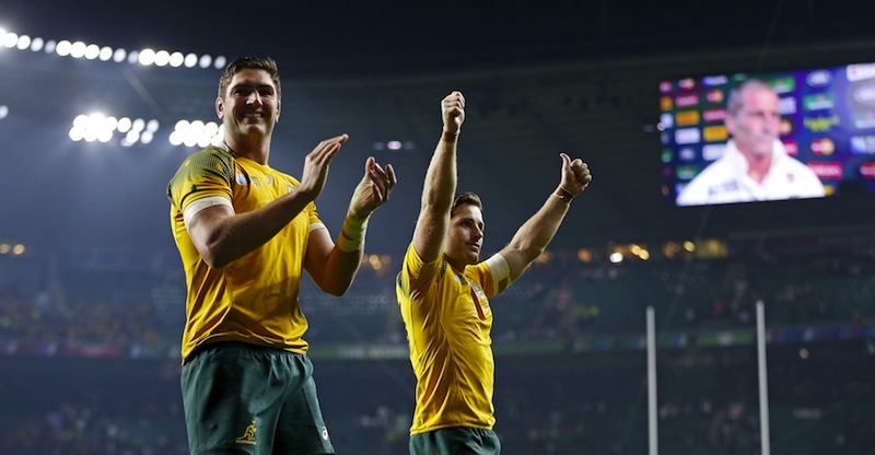 Australia's Bernard Foley (right) celebrates victory at the end of the England v Australia IRB Rugby World Cup 2015 Pool A game at Twickenham Stadium, London, England. u00e2u20acu201du00c2u00a0Reuters pic