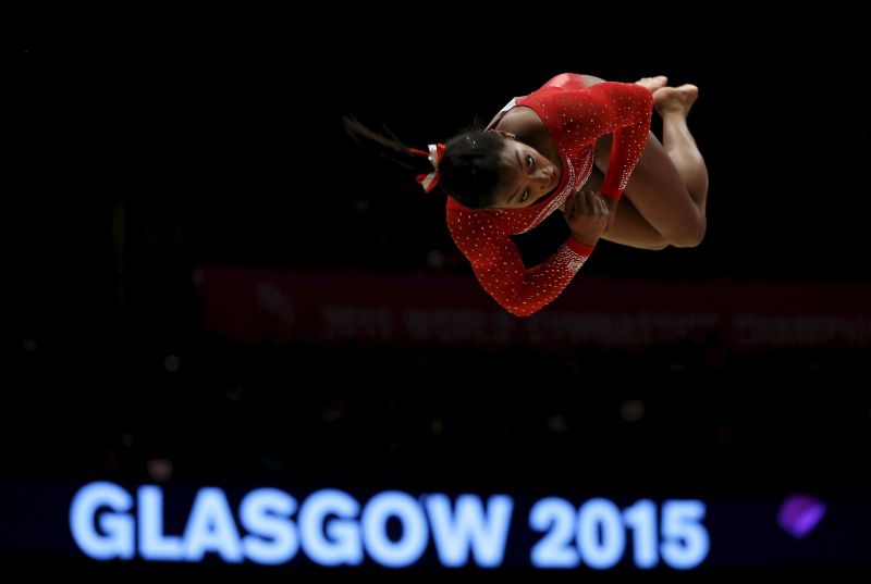 Biles on her floor routine in the women’s team final. Tomorrow she aims to become the first woman to win three successive world all-around titles.
