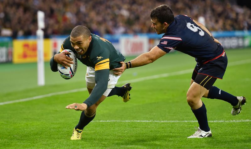 Bryan Habana scores a try for South Africa in the Rugby World Cup match against the US in London, October 7, 2015. u00e2u20acu201d Reuters pic