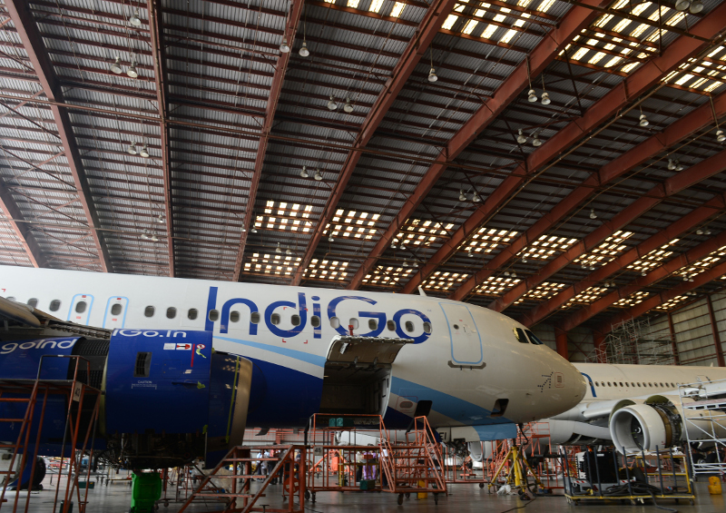 File picture shows an aircraft of Indian budget carrier IndiGo undergoing maintenance at the Sri Lankan airlines technical service centre at the main international airport in Colombo. u00e2u20acu201d AFP pic