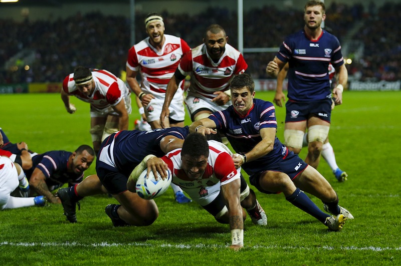 Japan's Amanaki Mafi scores a try during the United States of America v Japan IRB Rugby World Cup 2015 Pool B game at Kingsholm, Gloucester, England. u00e2u20acu201du00c2u00a0Reuters picn