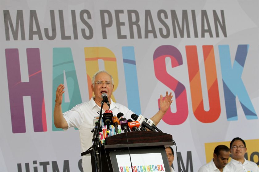 Prime Minister Datuk Seri Najib Razak delivers his keynote address during the launch of National Sports Day in Universiti Teknologi Mara (UiTM), Shah Alam October 10, 2015. u00e2u20acu201d Picture by Yusof Mat Isa