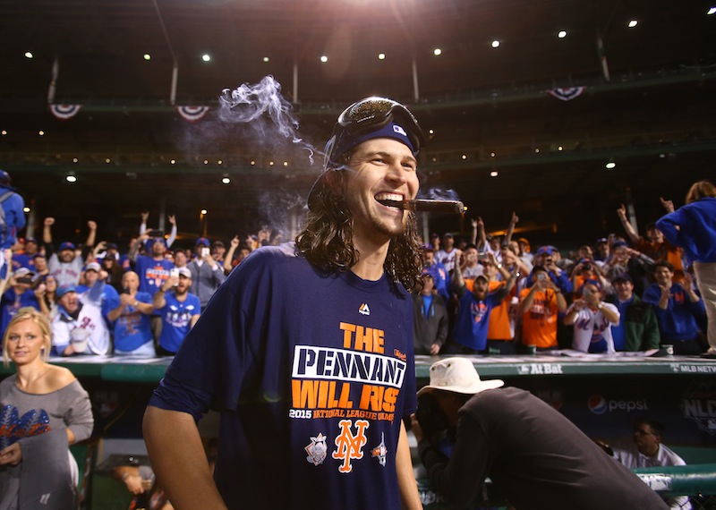 New York Mets starting pitcher Jacob deGrom (48) celebrates after defeating the Chicago Cubs in game four of the NLCS at Wrigley Field. u00e2u20acu201d Reuters pic