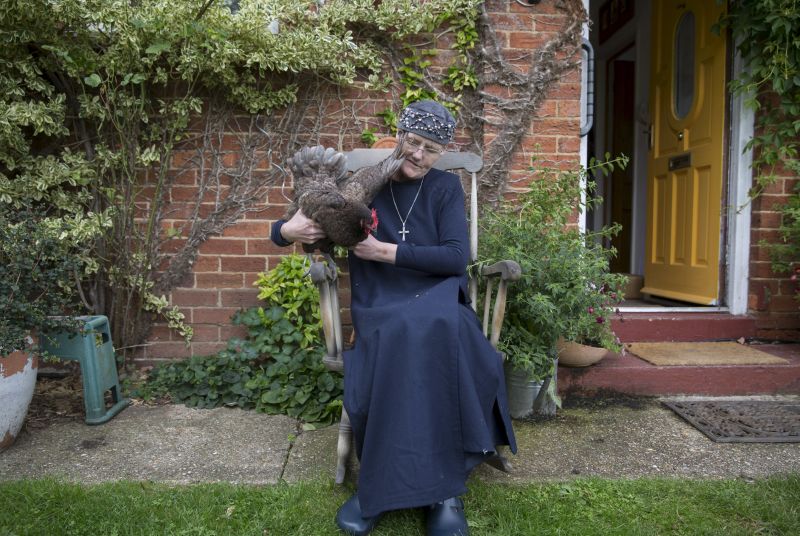 Sister Rachel Denton sits with her chicken in the garden of St Cuthbert's Hermitage in Lincolnshire, north east Britain August 24, 2015. u00e2u20acu201d Reuters pic
