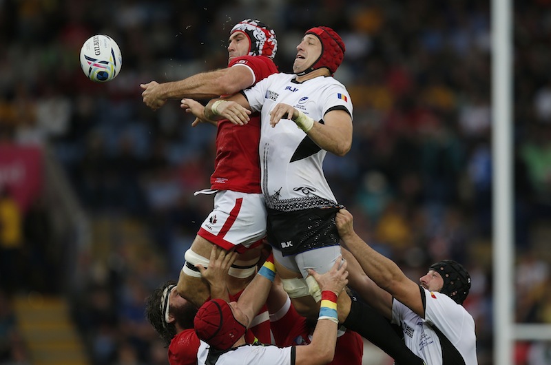 Canada's Jamie Cudmore in action with Romania's Johann Van Heerden during the Canada v Romania IRB Rugby World Cup 2015 Pool D game at Leicester City Stadium, Leicester, England.u00c2u00a0u00e2u20acu201d Reuters pic