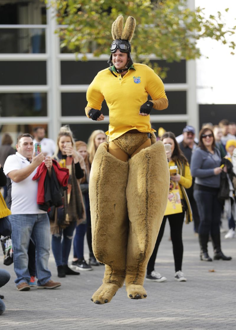 An Australia fan dressed as a kangaroo outside Twickenham Stadium in London at the Wallabies’ nail-biting win against Scotland in the quarter-finals.tadium Action Images