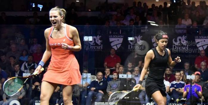 Laura Massaro left stuns Nicol David at US Open squash Drexel, Philadelphia, quarter-final pic courtesy US Open website