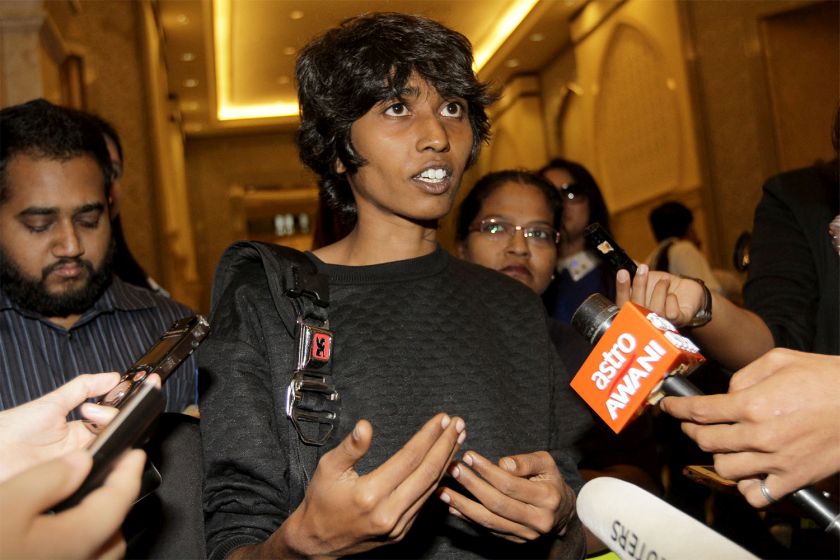 S. Thilaga, an activist with transgender awareness group Justice for Sisters speaks to members of the media at the Palace of Justice, Putrajaya, October 8, 2014. u00e2u20acu201d Picture by Yusof Mat Isa 