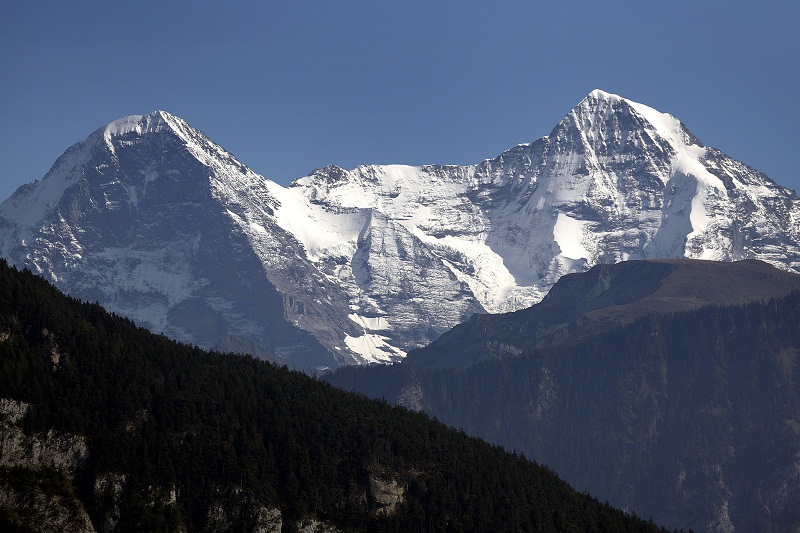 The Eiger (left), 3970m, and Moench, 4099m, part of the Jungfrau mountain massif, Switzerland. u00e2u20acu201d AFP pic