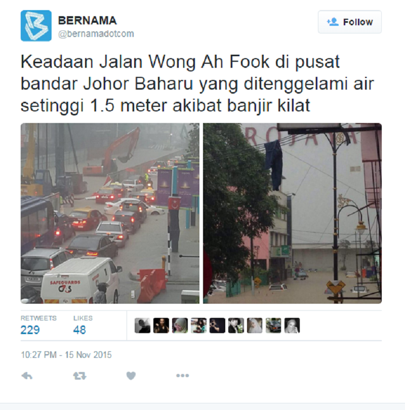 A screen capture of Bernama's twitter post showing the flash floods at Johor Baru today. 