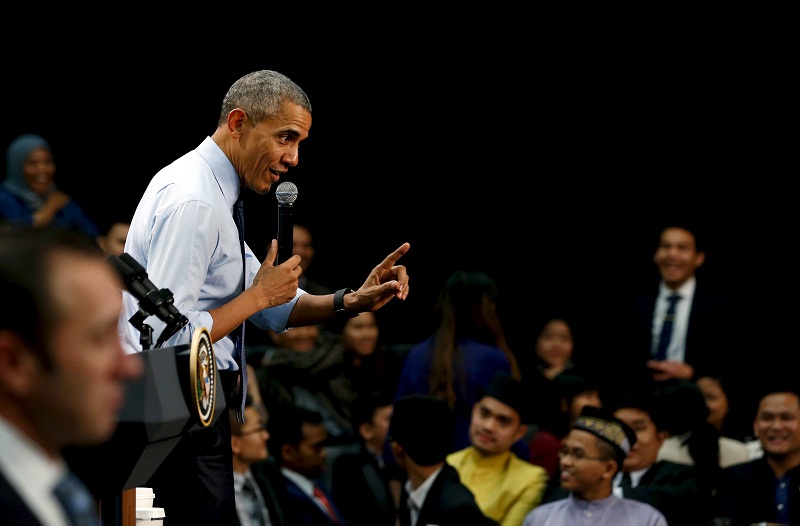US President Barack Obama gestures while speaking at a meeting with students from the Young Southeast Asian Leaders Initiative at Taylor’s University in Kuala Lumpur, November 20, 2015. — Reuters pic