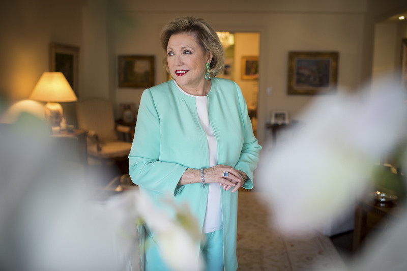 Novelist Barbara Taylor Bradford, who owns a vast jewellery collection, wearing a pair of emerald aquamarine earrings from Verdura, at her apartment in New York, October 15, 2015. u00e2u20acu201d Picture by Nancy Borowick/The New York Times