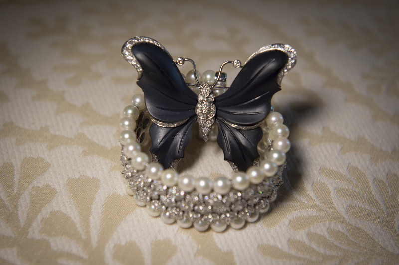 An ebony and diamond butterfly brooch from Alberto e Lina, will appear in ‘The Cavendon Luck,’ the third volume of the saga that novelist Barbara Taylor Bradford is now writing, in New York, October 15, 2015.