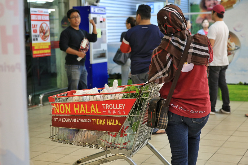 A shopper uses a non-halal trolley at a local supermarket in Kuala Lumpur, November 9, 2015. u00e2u20acu201d Picture by Saw Siow Feng