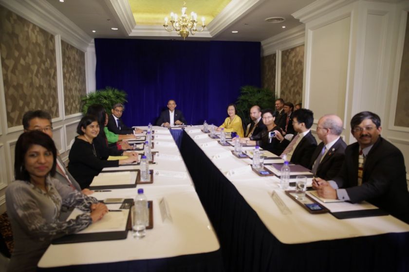 Centre to Combat Corruption and Cronyism Executive Director Cynthia Gabriel (left) and other civil society activists sit down to a meeting with US President Barack Obama (right) at his hotel in Kuala Lumpur, Malaysia, November 21, 2015. u00e2u20acu201d Picture by Cho