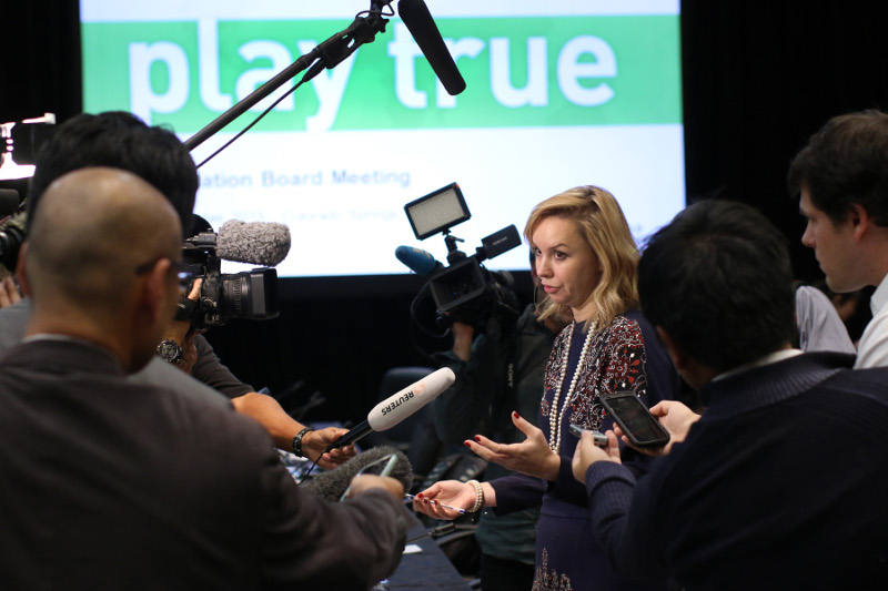 Natalia Zhelanova, advisor to the Minister of Sport of the Russian Federation talks to the media during the World Anti-Doping Agency (WADA) Foundation meeting on November 18, 2015 in Colorado Springs, Colorado. u00e2u20acu201d AFP pic