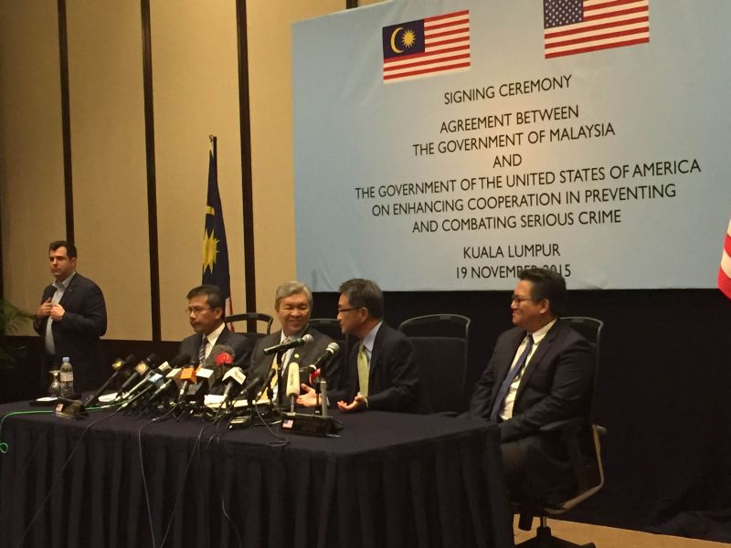 Datuk Seri Dr Ahmad Zahid Hamidi (second left) and US Ambassador to Malaysia Joseph Y. Yun at a press conference in Intercontinental Hotel today. u00e2u20acu2022 Picture by Kamles Kumar