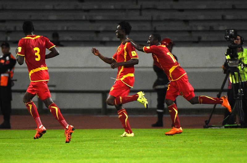 Guinea's players celebrate after scoring against Namibia during the World Cup qualifying match against Namibia in Casablanca, November 15, 2015. u00e2u20acu201d AFP pic