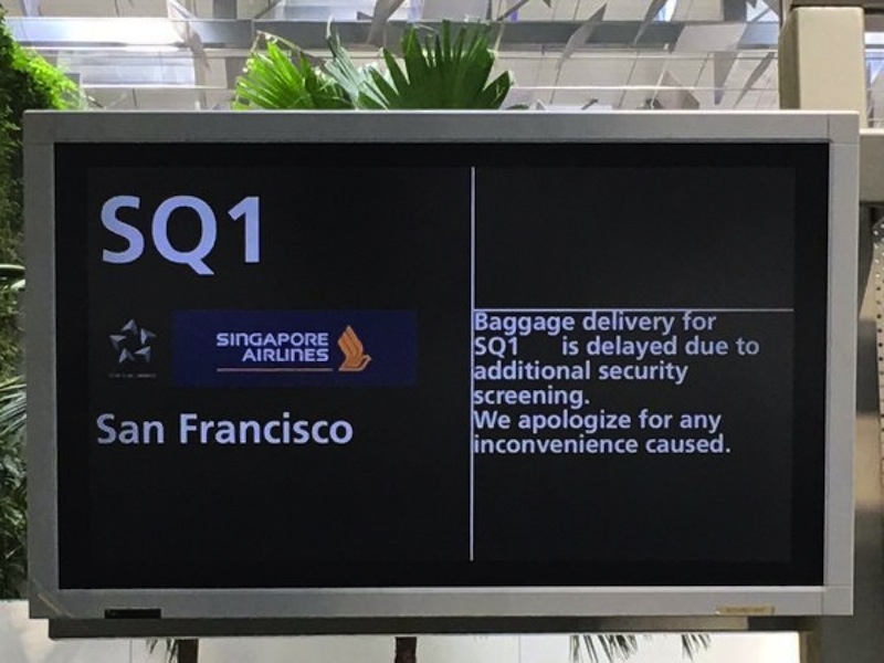 The baggage delivery for Singapore Airlines flight SQ1 was delayed on Nov 22, 2015, due to additional security screening. u00e2u20acu201d TODAY pic