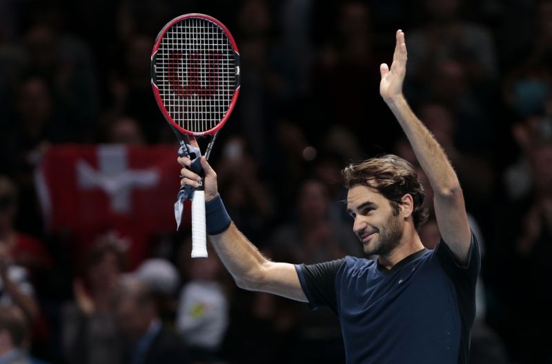 Roger Federer celebrates winning his Barclays ATP World Tour Finals semi-final match against compatriot Stanislas Wawrinka at O2 Arena, London, November 21, 2015 Reuters / Suzanne Plunkett Livepic