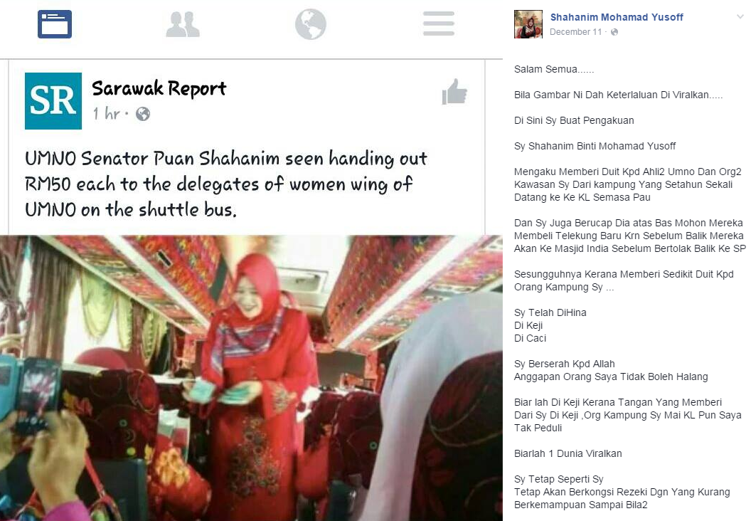 Screen capture of Senator Shahanim Mohamad Yusoffu00e2u20acu2122s Facebook post in which she said she was insulted and condemned after the photo of her in the bus allegedly went u00e2u20acu02dcviralu00e2u20acu2122 on social media. 
