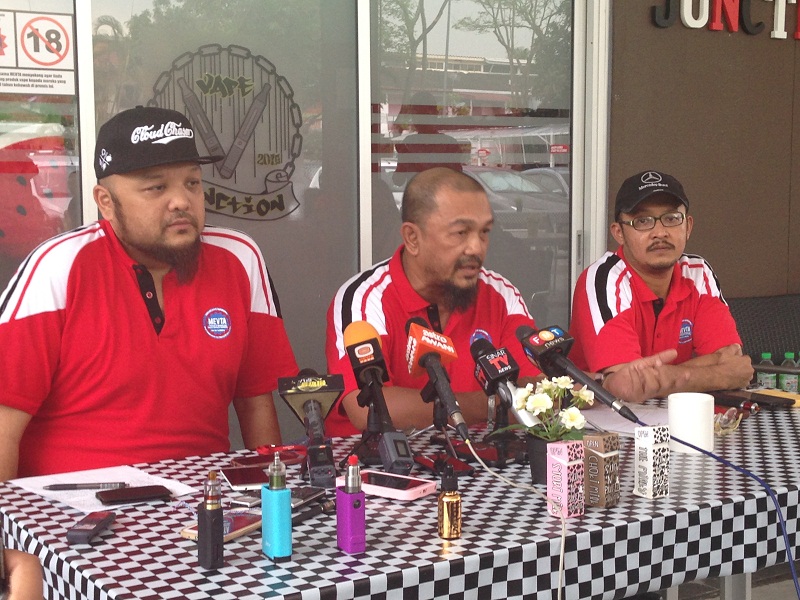 Mevta committee member (From left) Norman Ismail, vice-president Ikhbal Zakaria and president Rizani Zakaria speak to the press about the u00e2u20acu02dcunfairu00e2u20acu2122 raids at vape shops. u00e2u20acu201d Picture by Melissa Chi