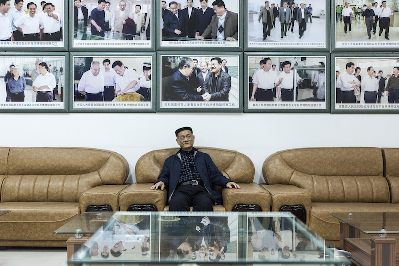 Zheng Xiaoting, director and founder of the Tianyu Museum of Nature, in a hall adorned with photos of visiting government officials in Pingyi, China, November 24, 2015. — Picture by Gilles Sabrie/The New York Times